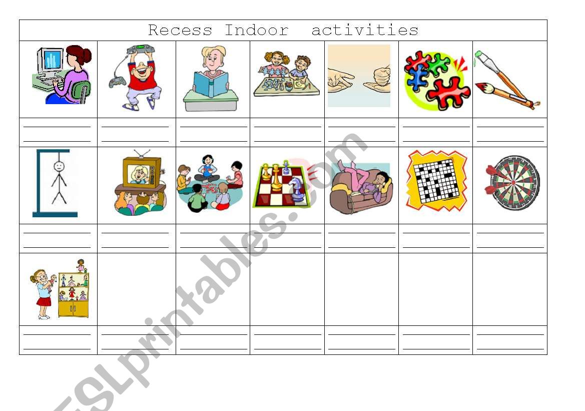 Recess indoor activities worksheet