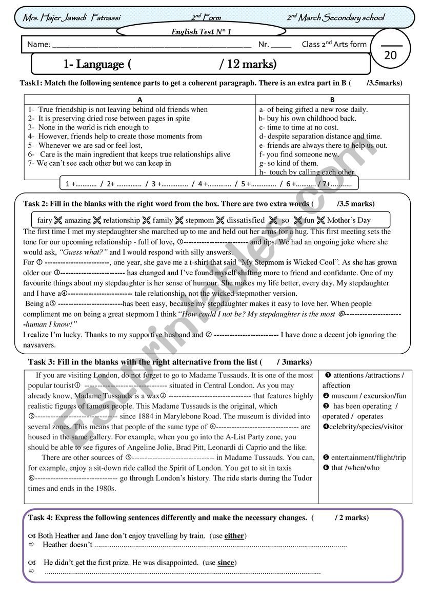 test for  2nd form tunisian pupils