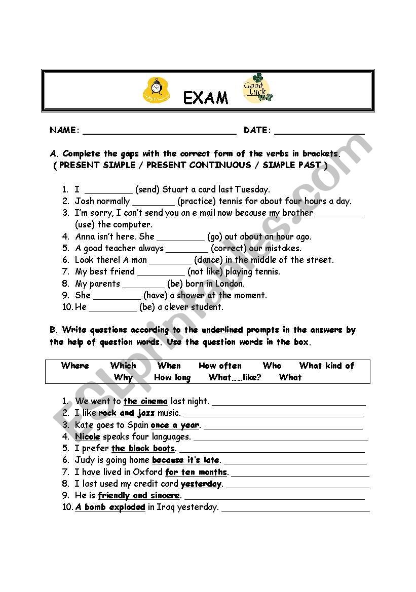 exam worksheet