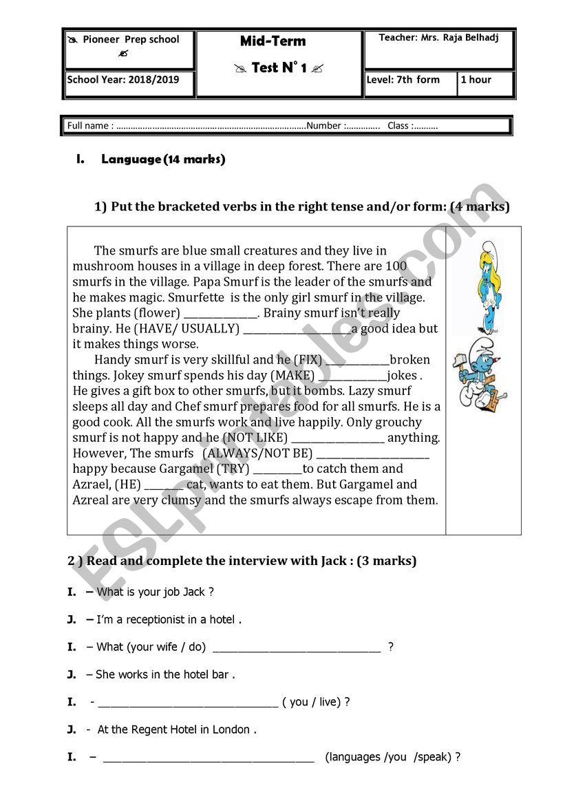 Mid Term Test 1 Grade 7 worksheet