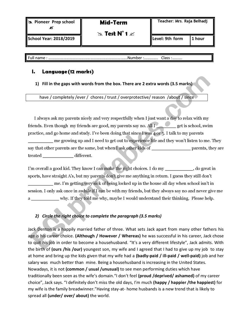 Mid Term Test 1 Grade  9 worksheet