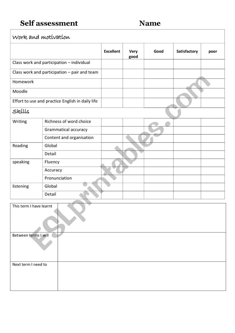 end of term self-assessment worksheet