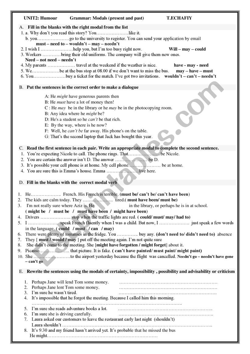 modals worksheet worksheet