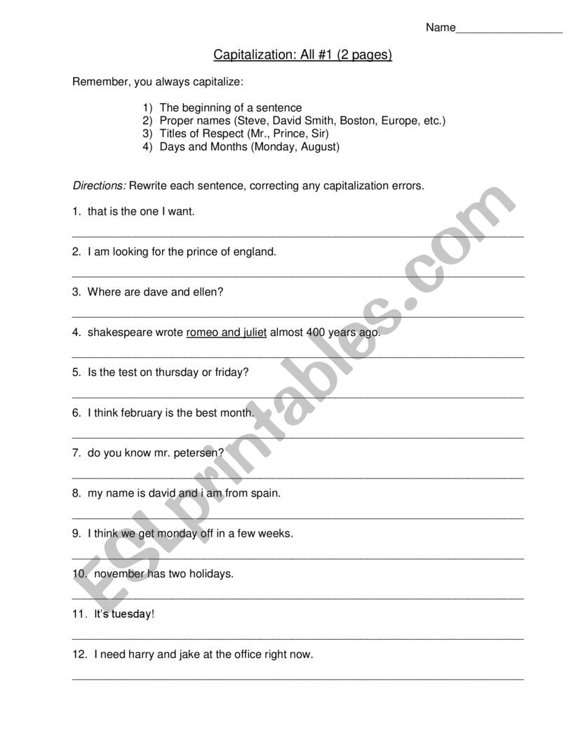 Capitalization Worksheet worksheet