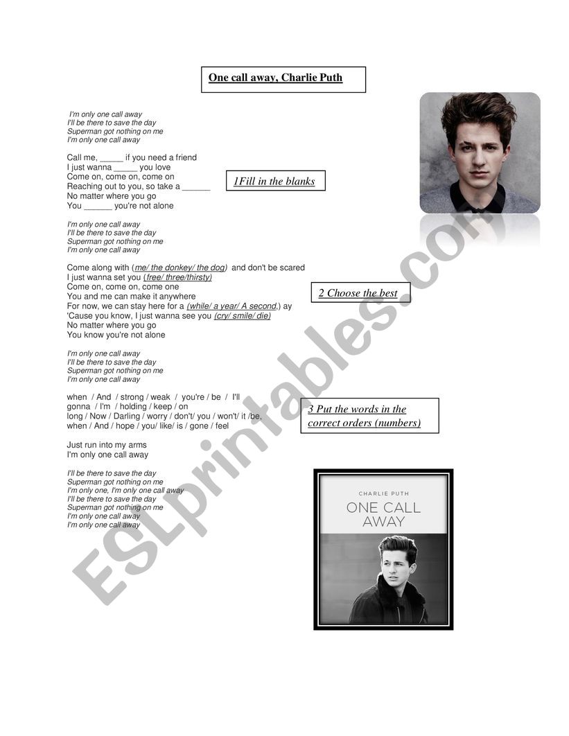 One call away Charlie Puth worksheet