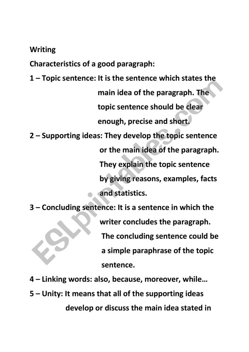 What are the 5 characteristics of a good paragraph?