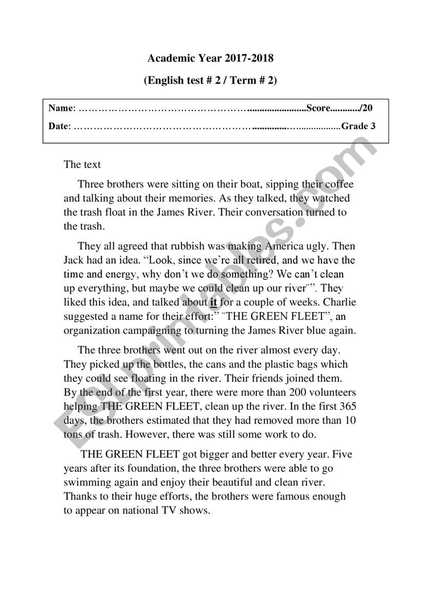 English exam worksheet