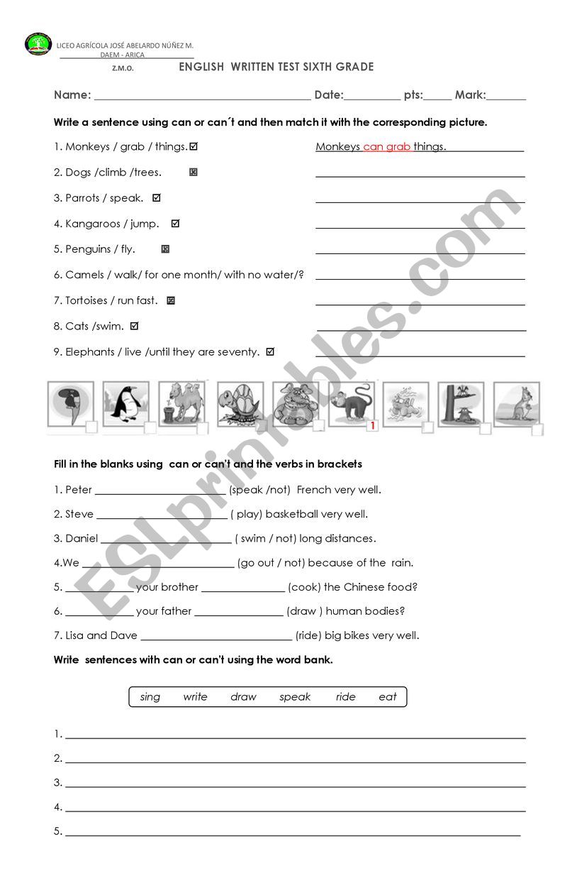 test about can/ cant worksheet