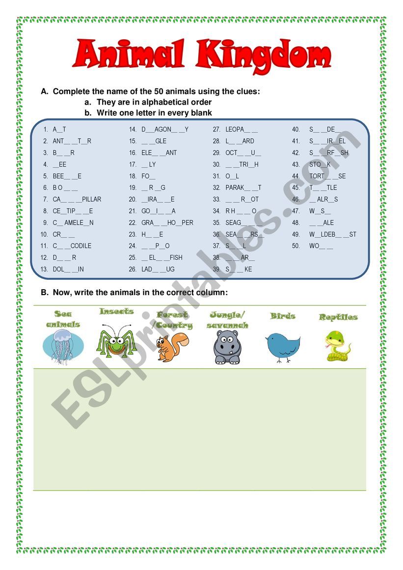 Animal Kingdom worksheet