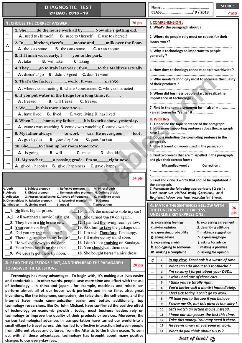 2ND BAC DIAGNOSTIC TEST worksheet