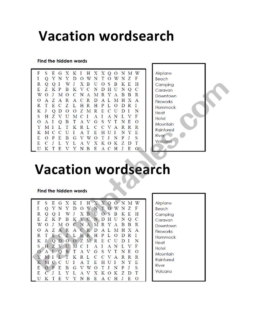 vacation time word search worksheet