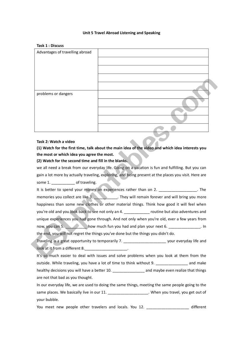 travelling abroad worksheet