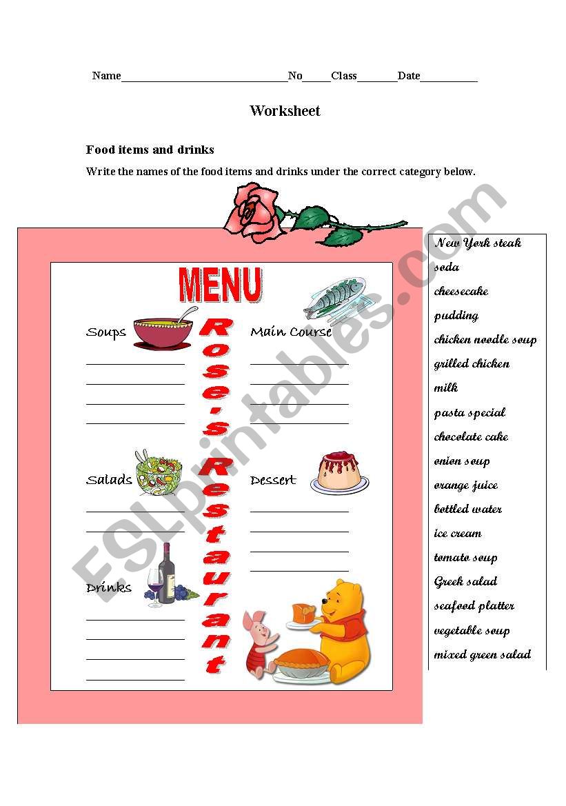 Food items and drinks worksheet