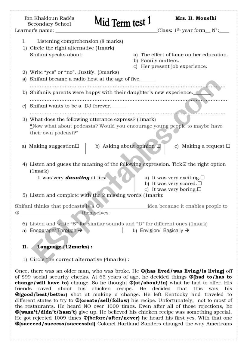 ordinary test 1 Second year form