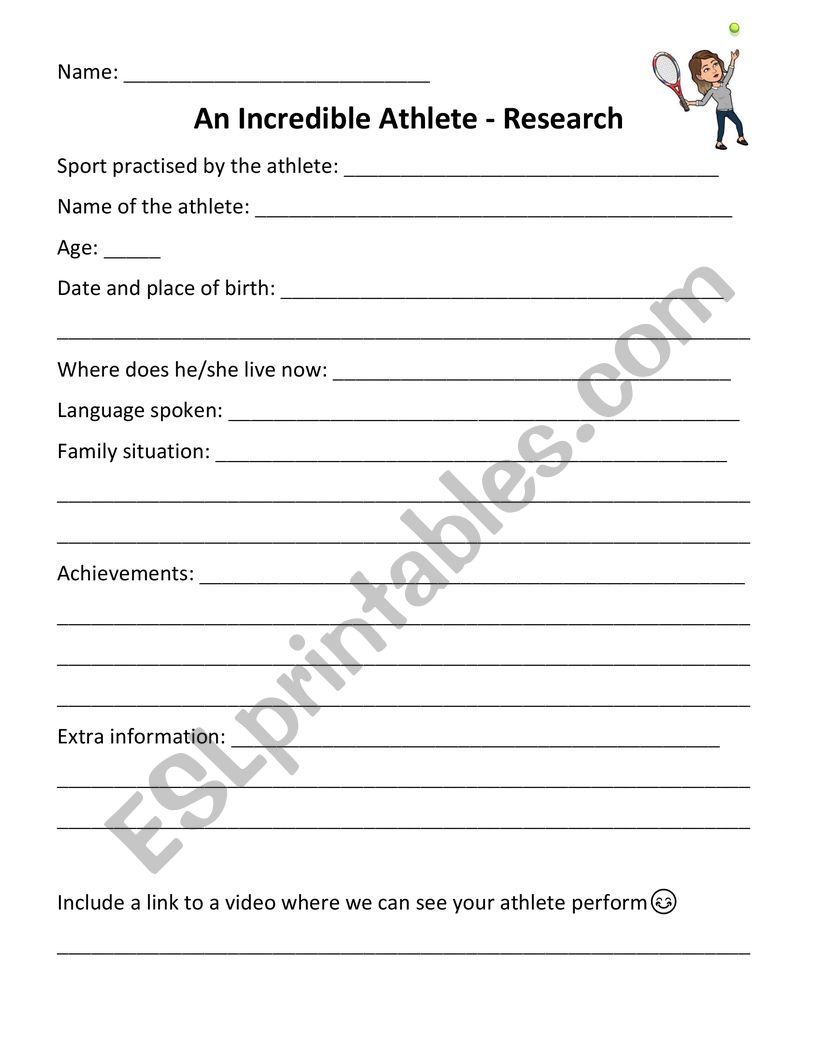 Research on an athlete worksheet