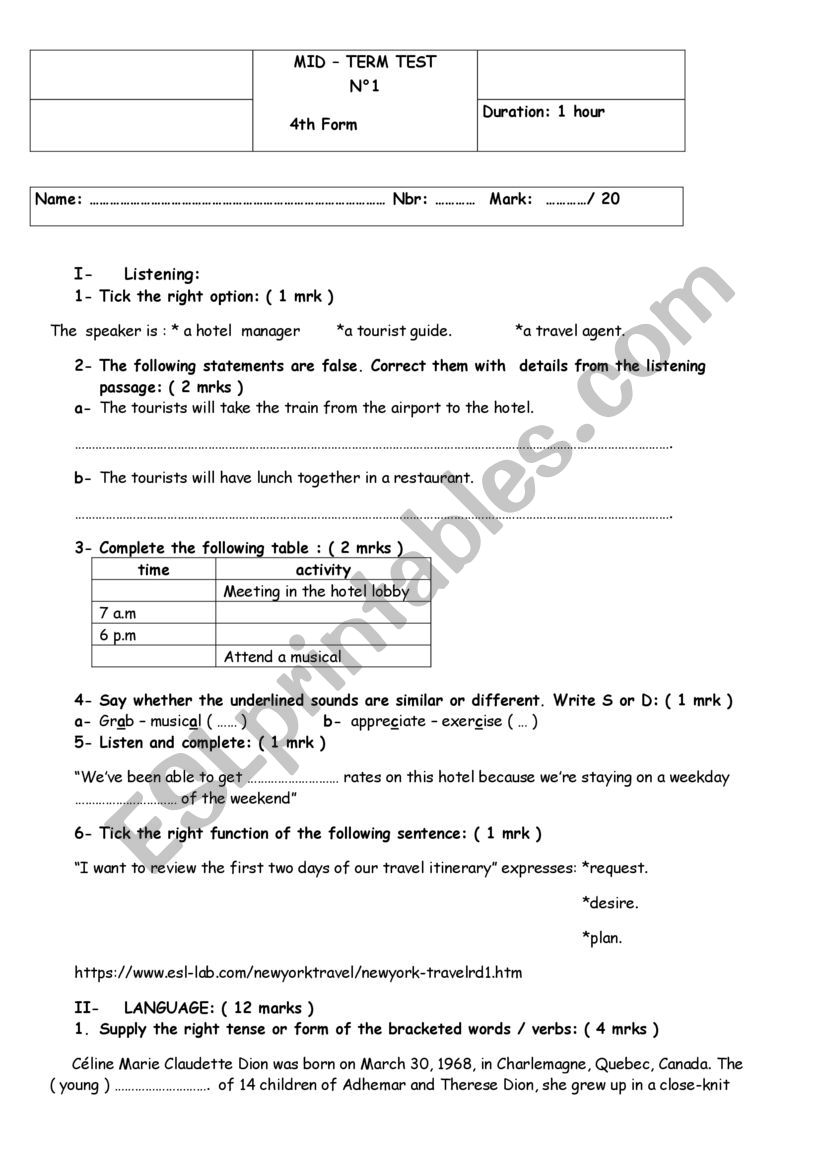 mid term test N1 4th form worksheet