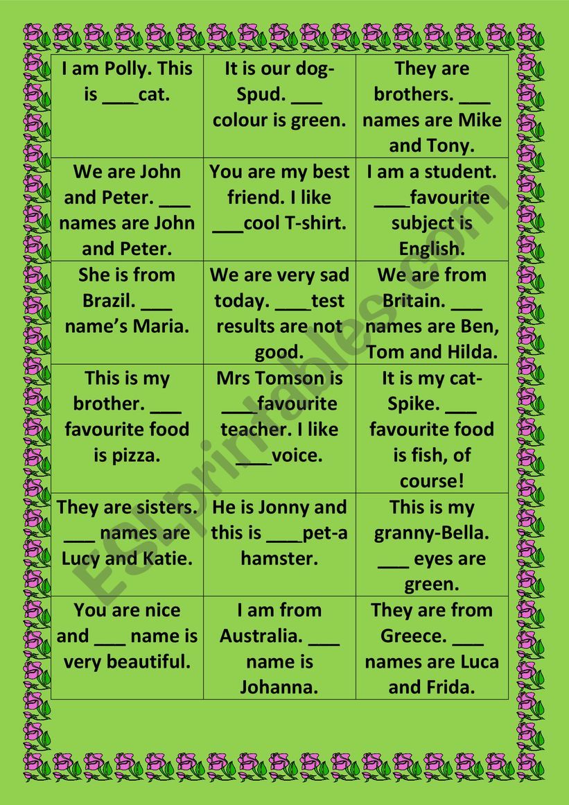 possessive adjectives cards worksheet