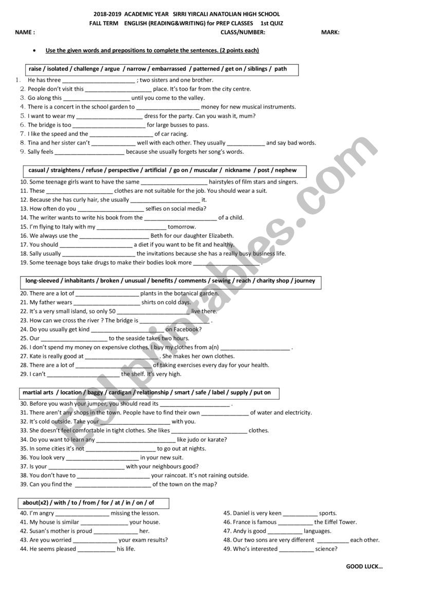 VOCABULARY QUIZ worksheet