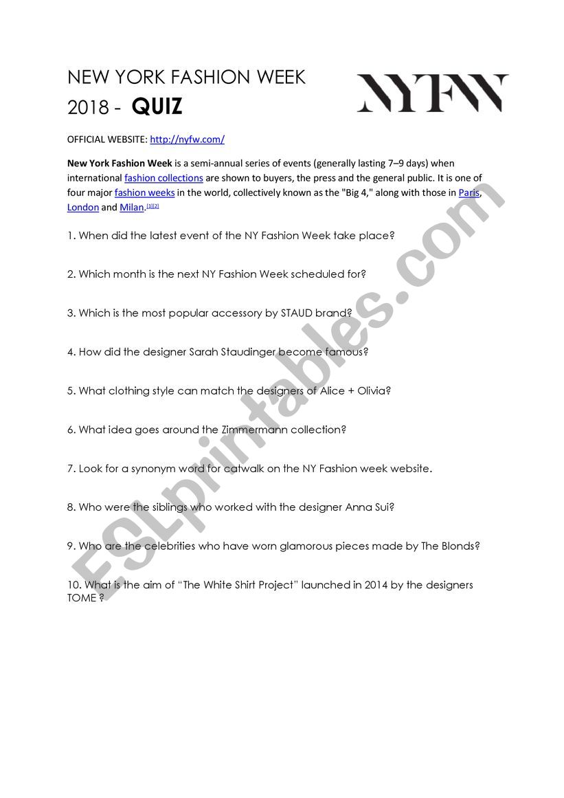 QUIZ- NEW YORK FASHION WEEK worksheet