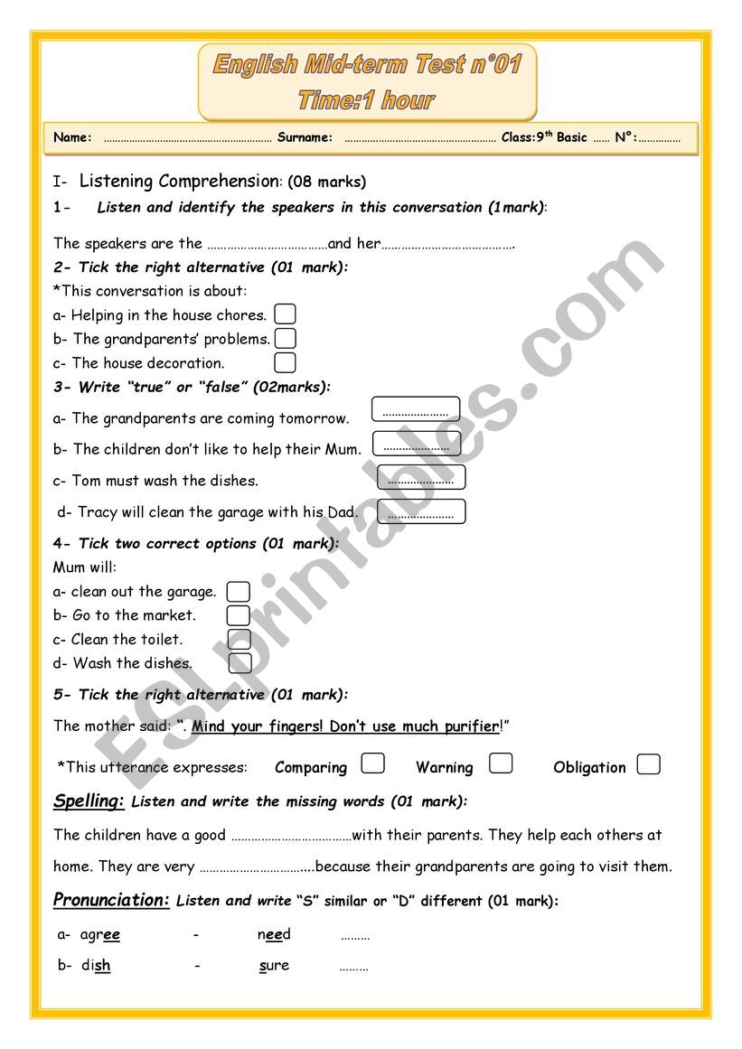 mid term test 1 -9th basic worksheet