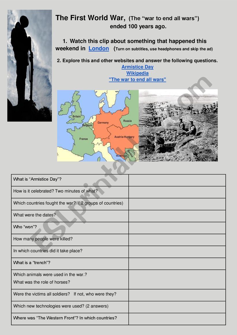 Armistice Day 2018 worksheet