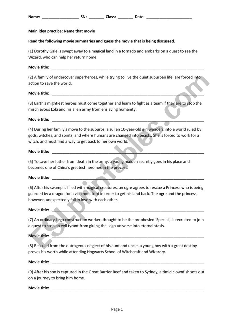 Summary exercise worksheet