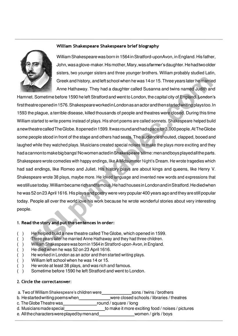 william shakespeare a biography worksheet answers