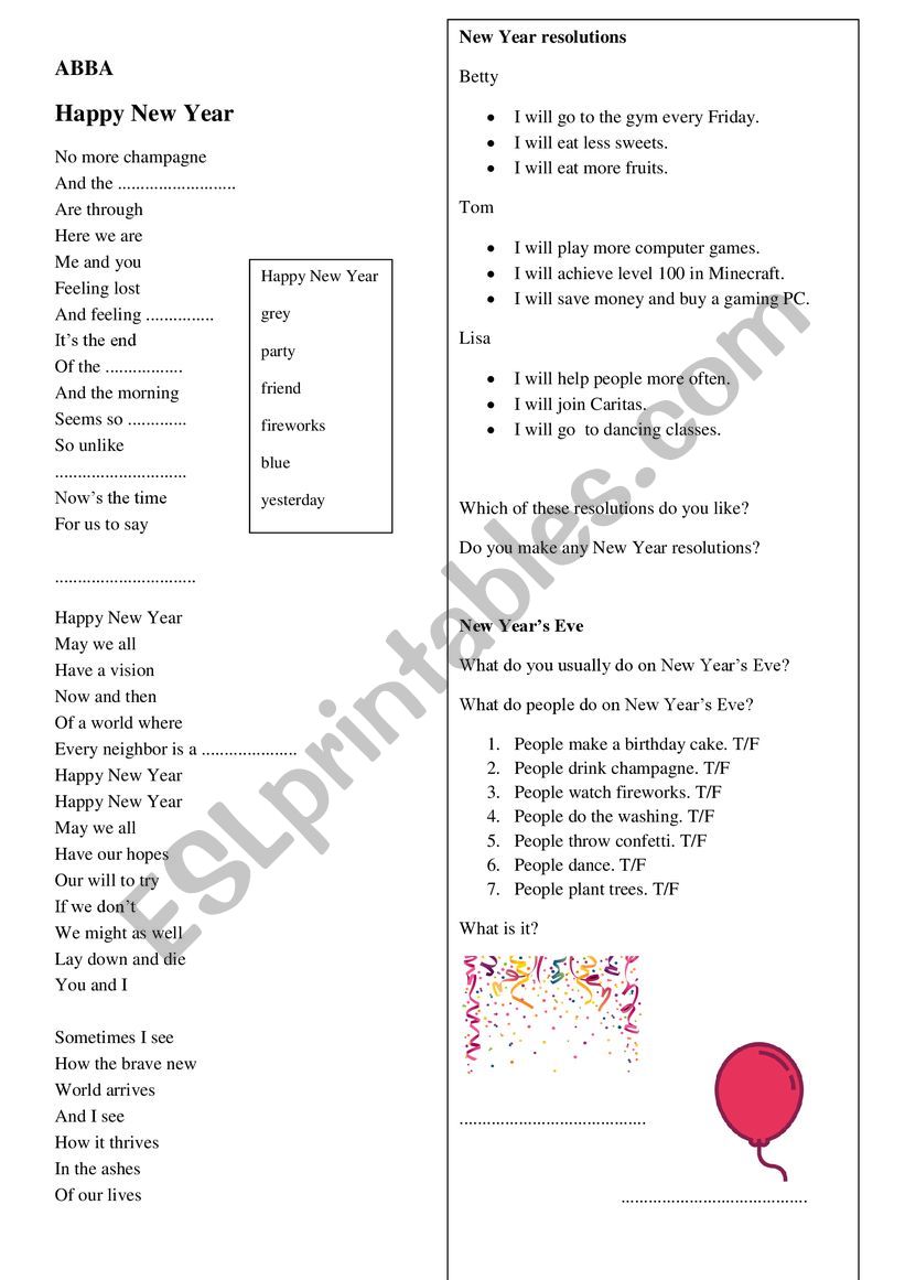 ABBA Happy New Year worksheet