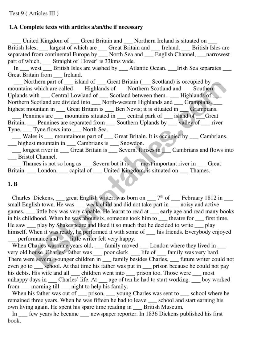 Articles Test worksheet
