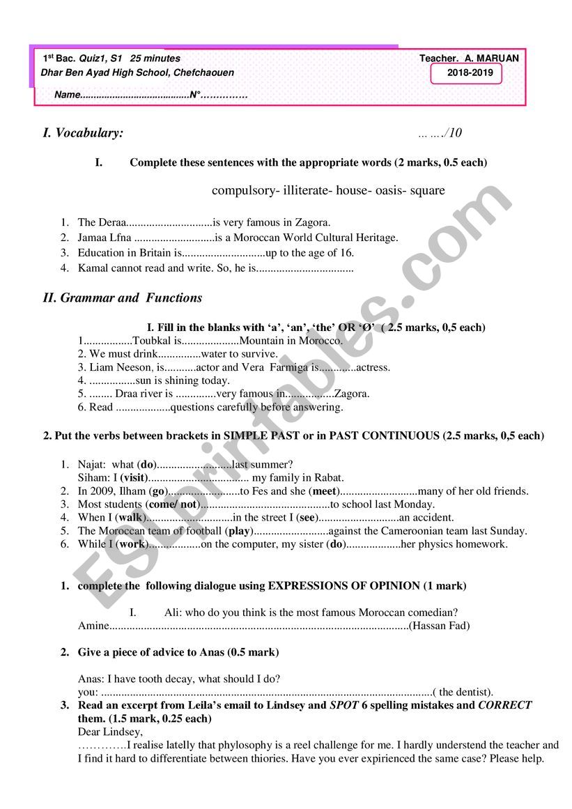 Fist quiz for First Year Bac students in Morocco.