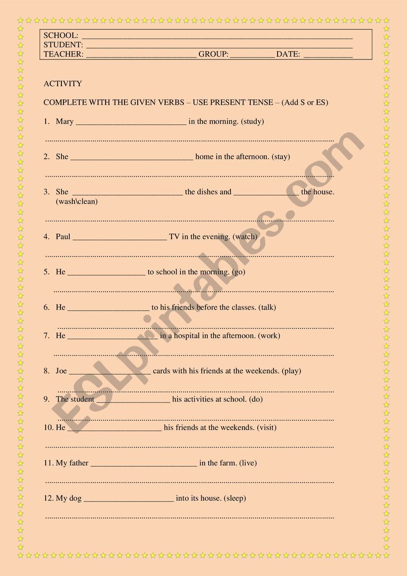 An activity to work on verbs - singular 3rd person - present tense