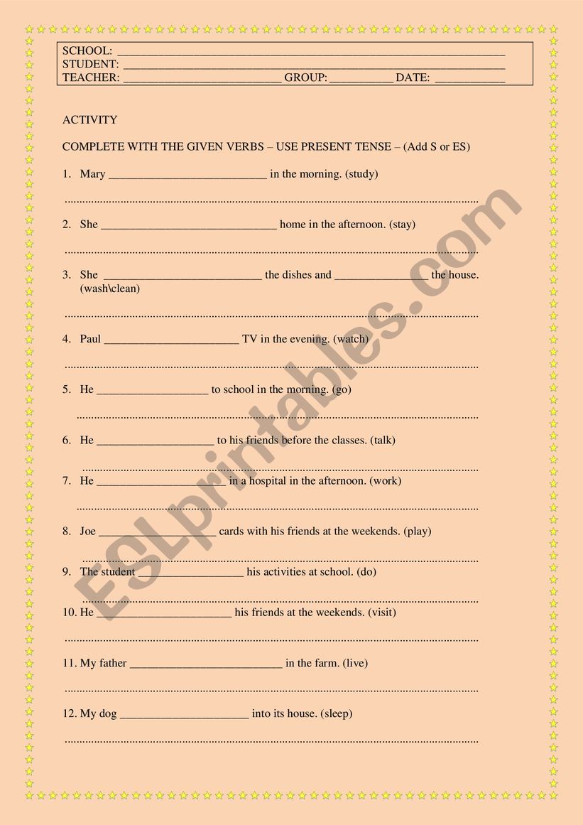 An activity to work on verbs - singular 3rd person - present tense