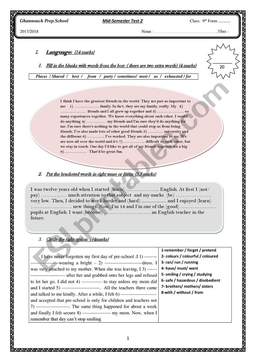 mid term english test worksheet