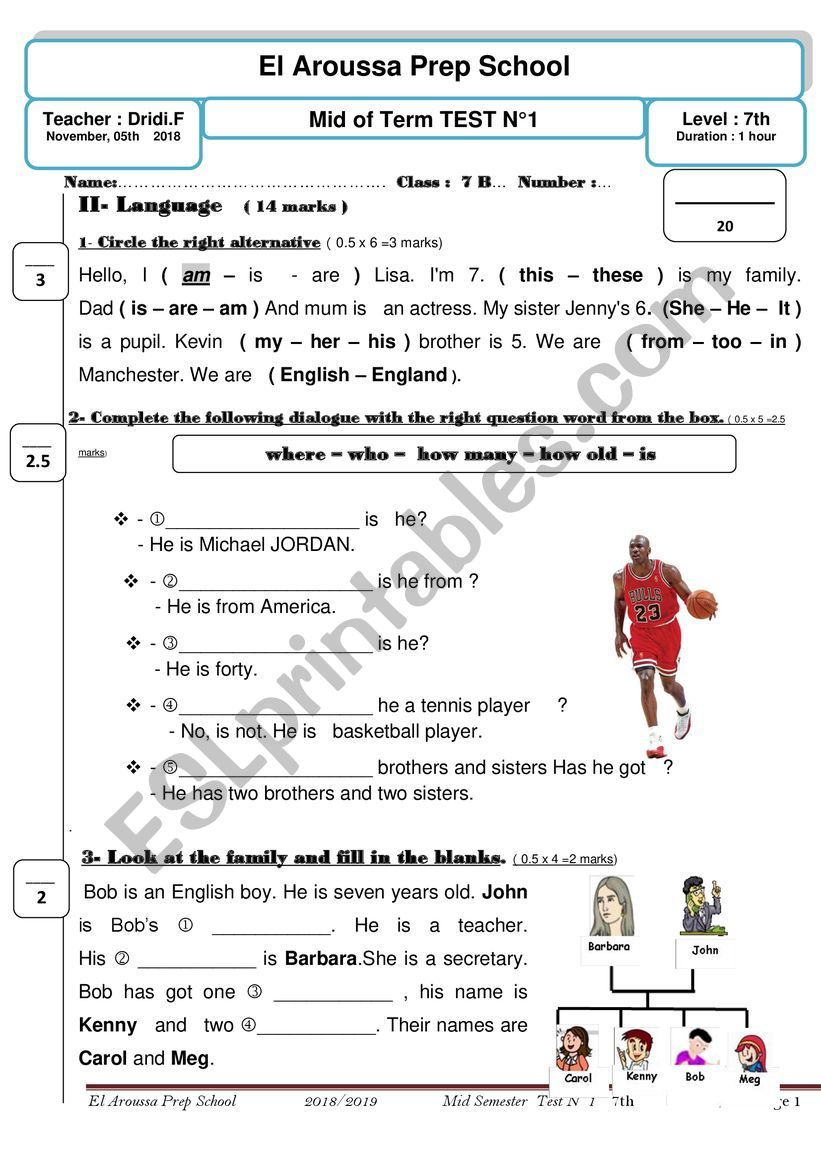 mid of term test 1 7th worksheet