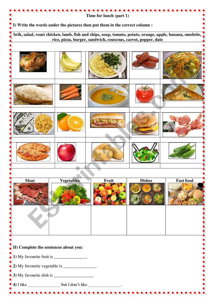 Time for lunch worksheet