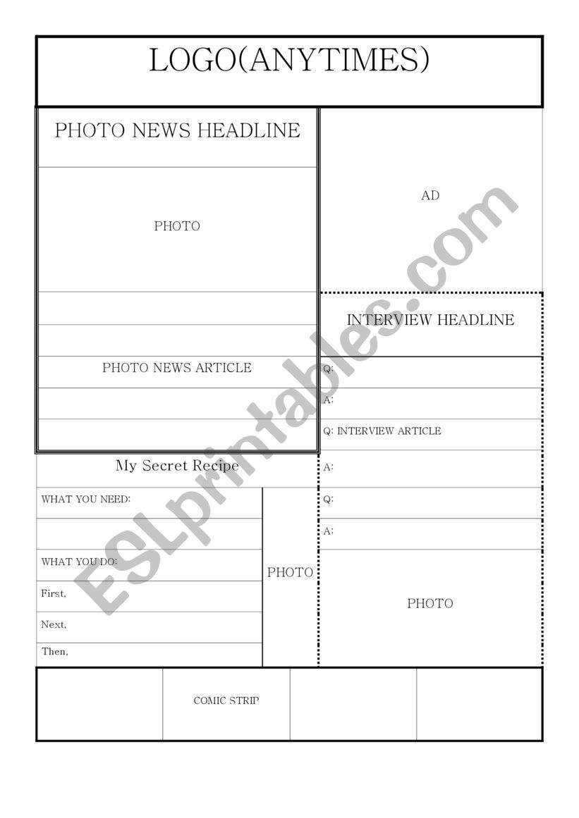 One Page Newspaper Template worksheet