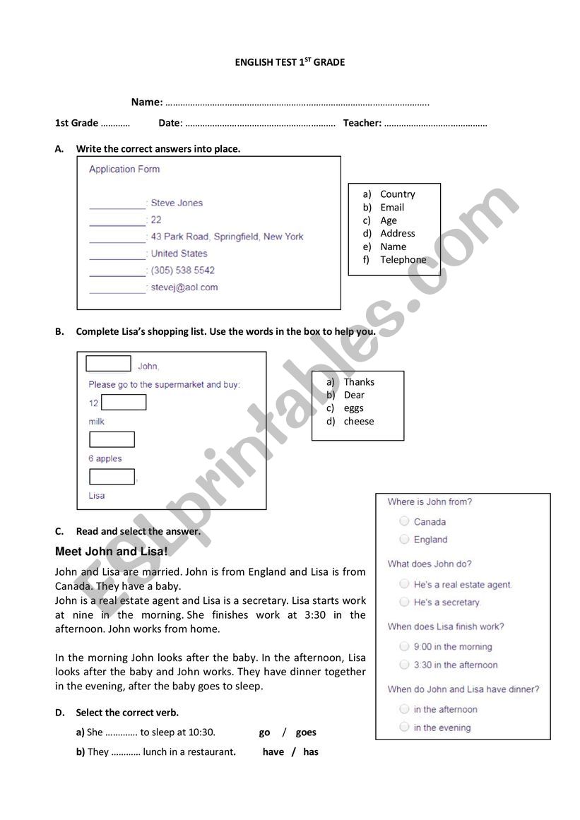 English test worksheet