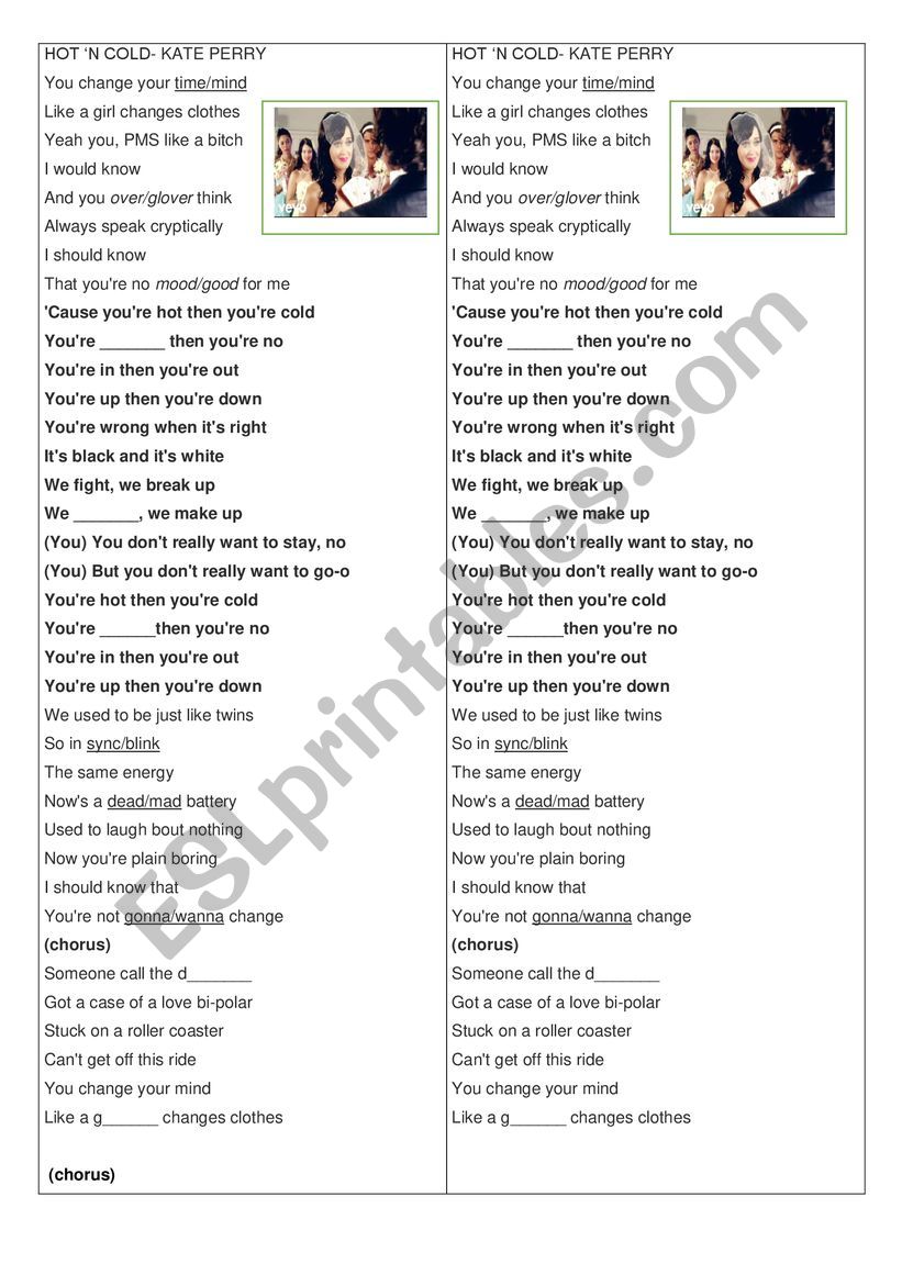 SONG Hot n Cold worksheet