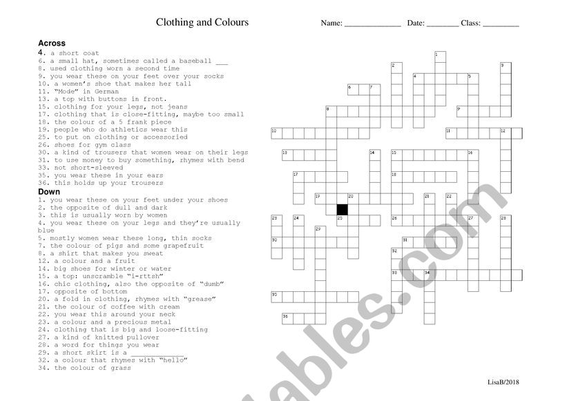 Crossword Clothing and Colours