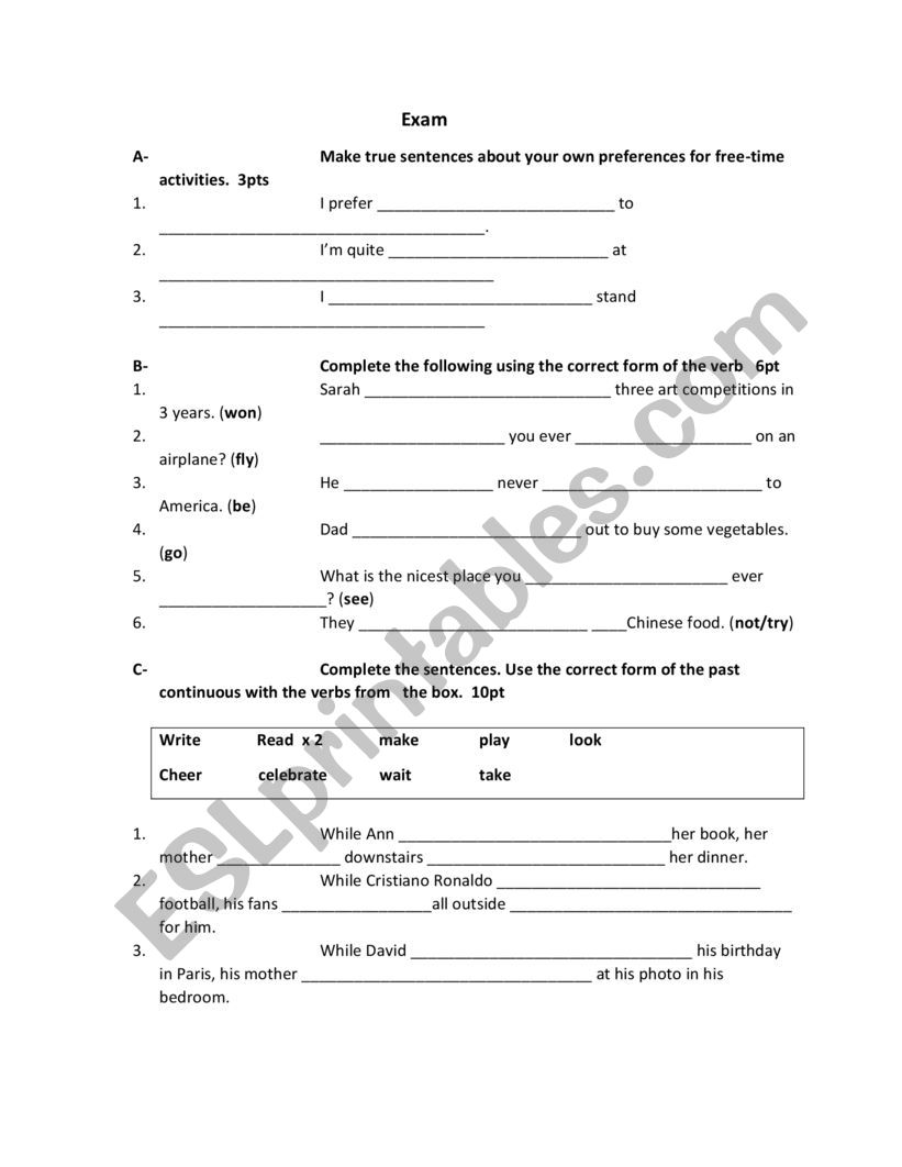 Grammar exam worksheet