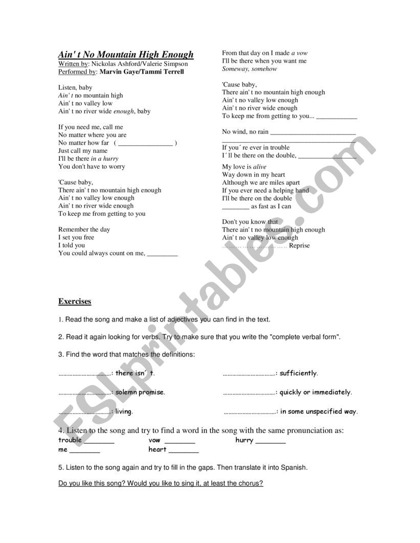 Exercises on Â´AinÂ´t no mountain highÂ´ lyrics