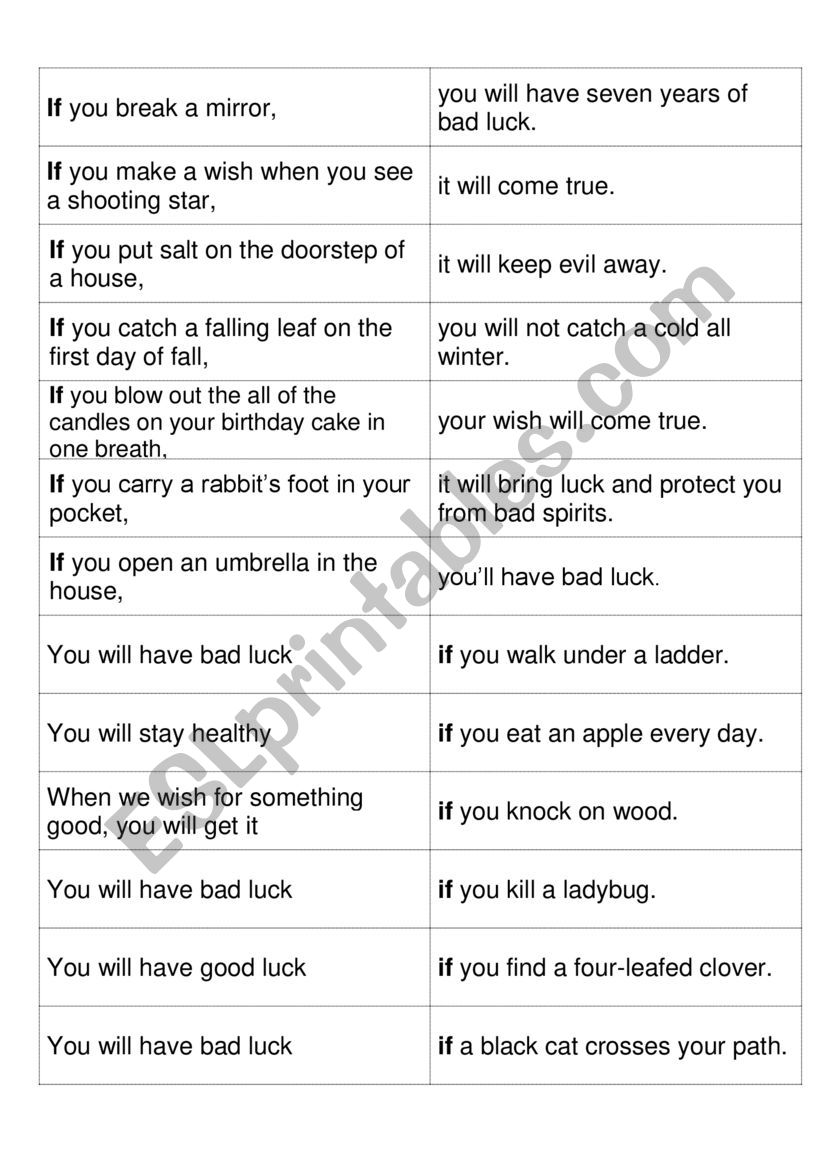 If conditionals superstitions worksheet
