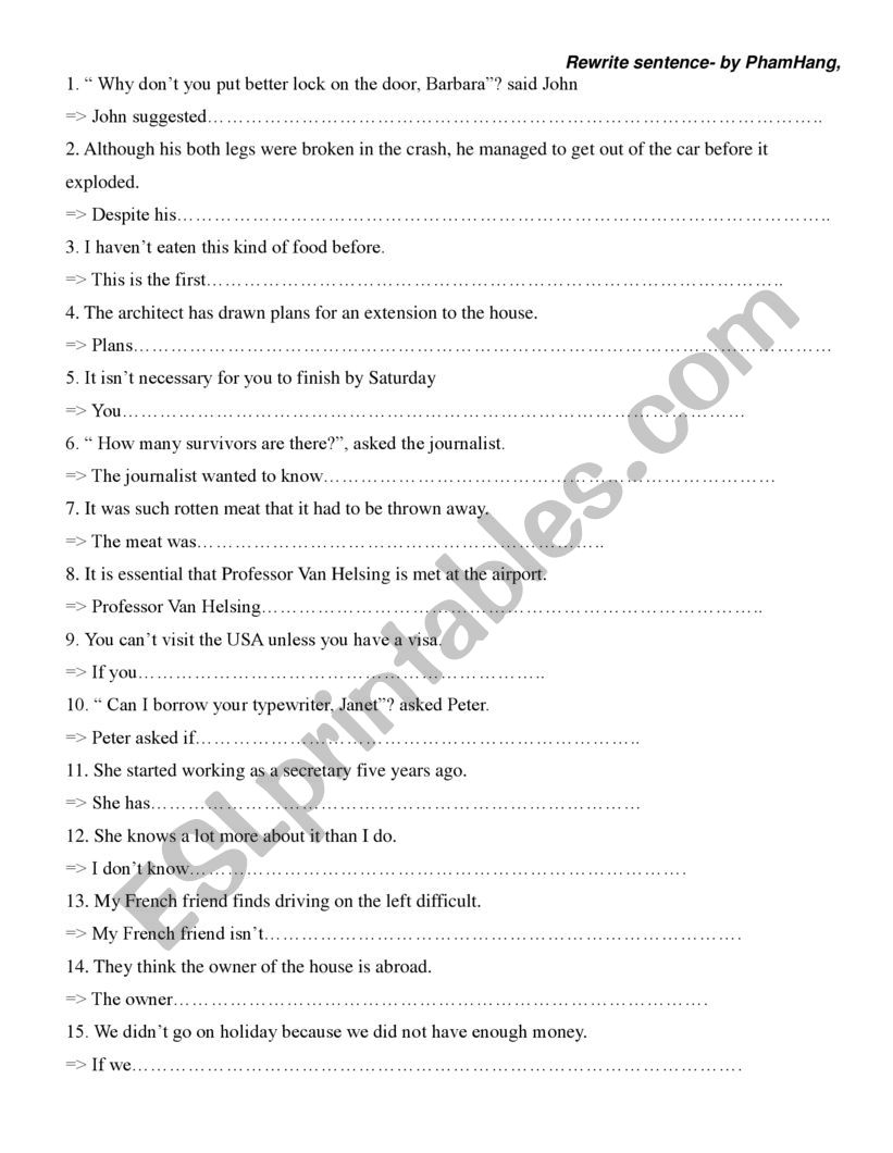 Rewrite The Sentence Worksheet