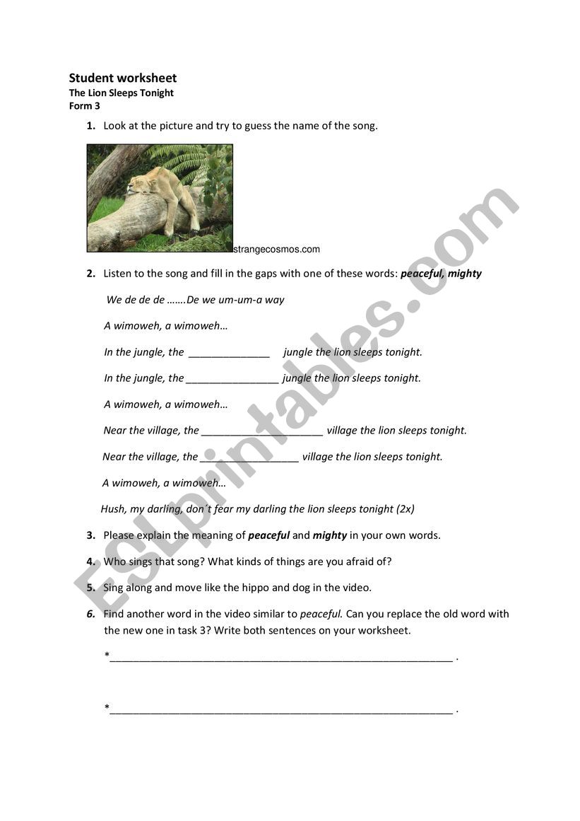 The lion sleeps tonight  worksheet