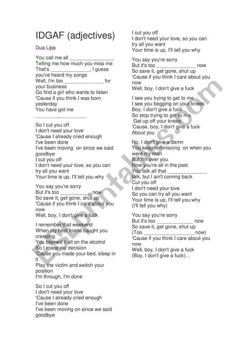 IDGAF by Dua Lipa worksheet