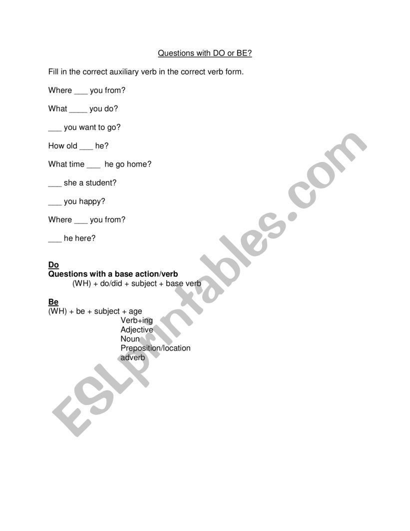 Questions with Do or Be? worksheet