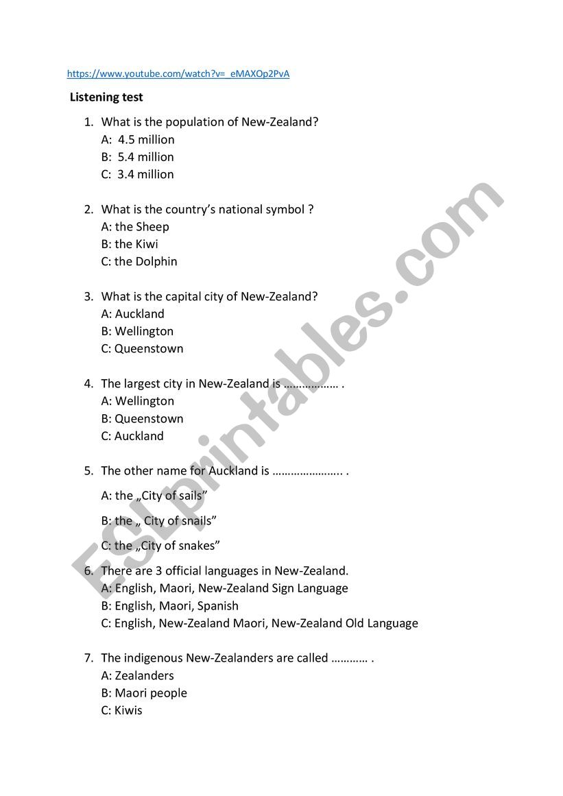 New Zealand listening test worksheet