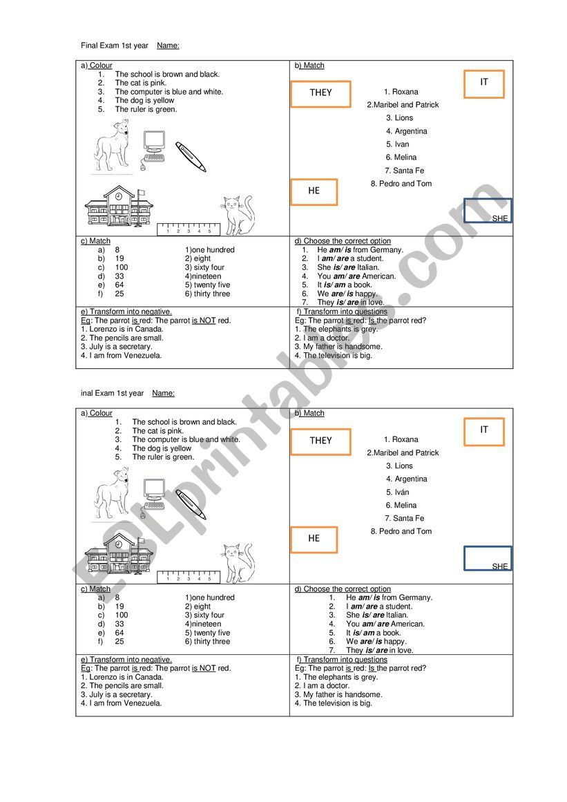 first year test worksheet