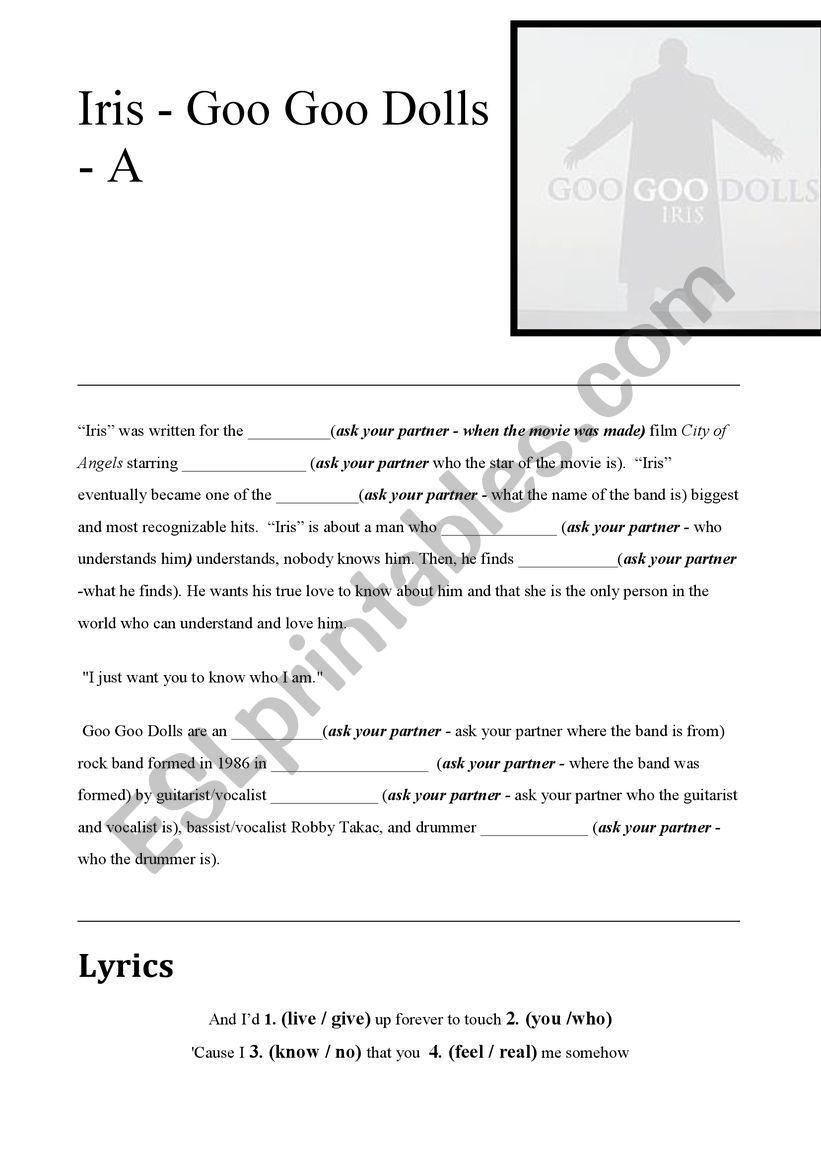 Goo Goo Dolls - Iris worksheet