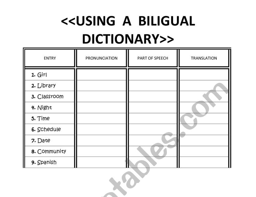 USING A BILINGUAL DICTIONARY worksheet